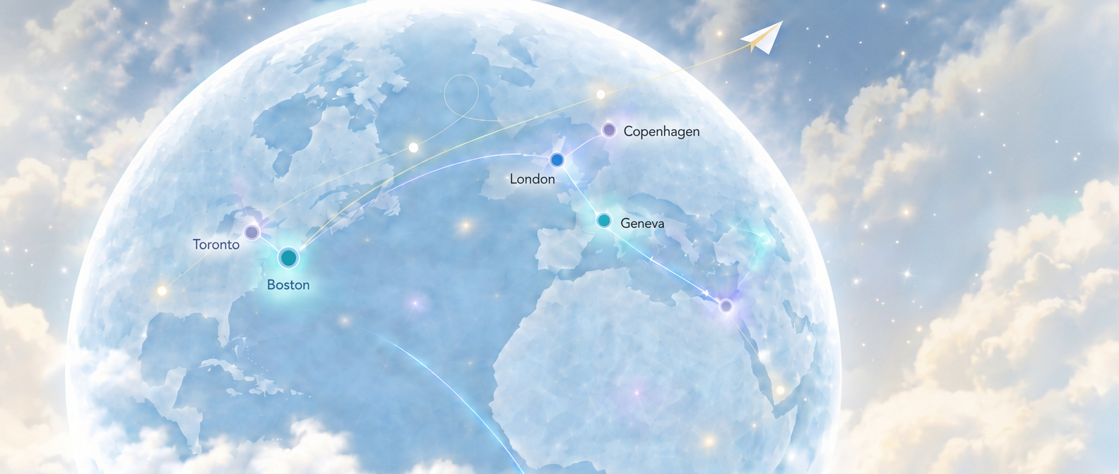 Watercolor globe with routes connecting Boston, Toronto, London, Geneva, and Copenhagen